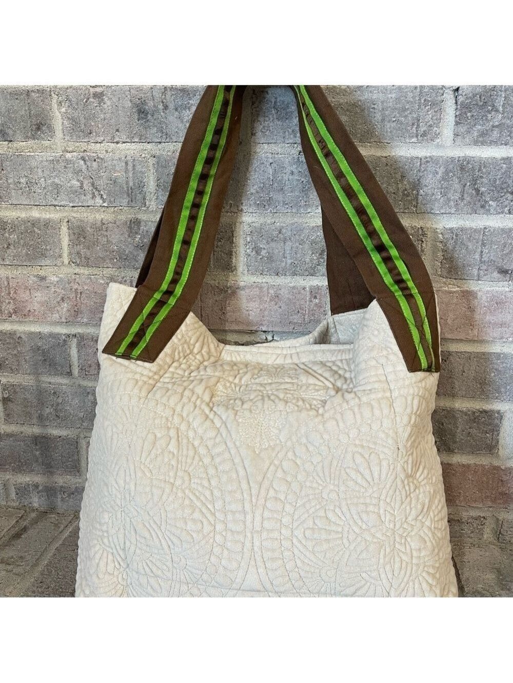 Cream Textured Tote Bag with Striped Straps
